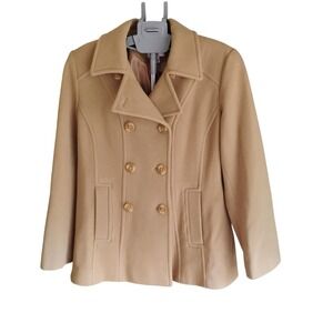 Croft & Barrow Women's Tan Pea Coat Jacket Double Breasted Classic wool blend